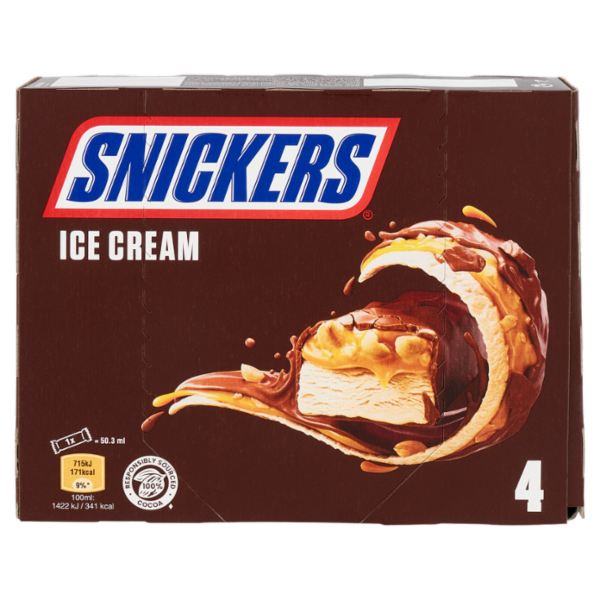 Snickers Barretta Gelato con cioccolato, caramello e arachidi tostate, Multipack da 4 x 45.6 g