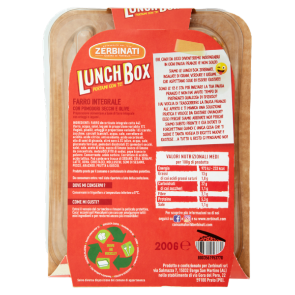 Zerbinati Lunch Box Farro Integrale con Pomodori Secchi e Olive 200 g