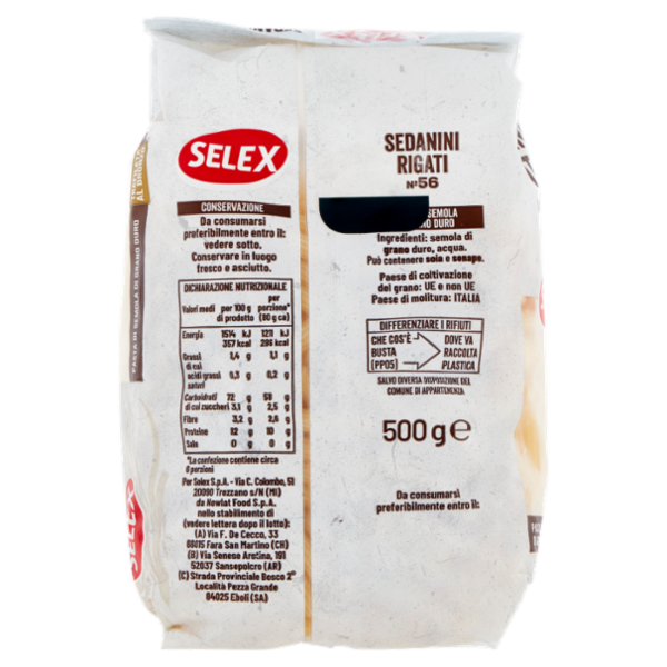 Selex Pasta di Semola Trafilata al Bronzo Sedanini Rigati 500 g