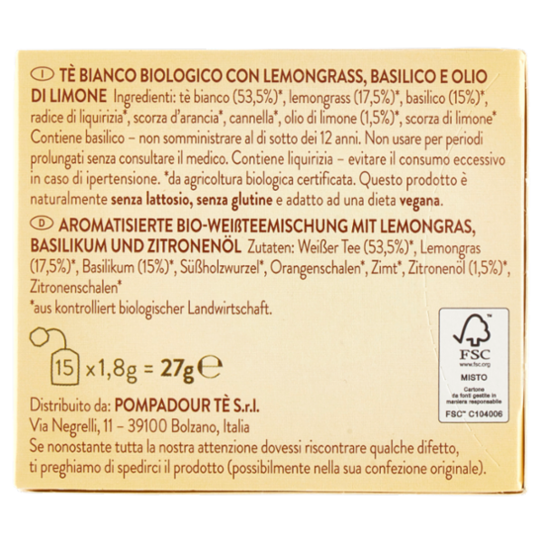 Pompadour NamasTe Tè Ayurvedico Biologico Tè Bianco 15 x 1,8 g