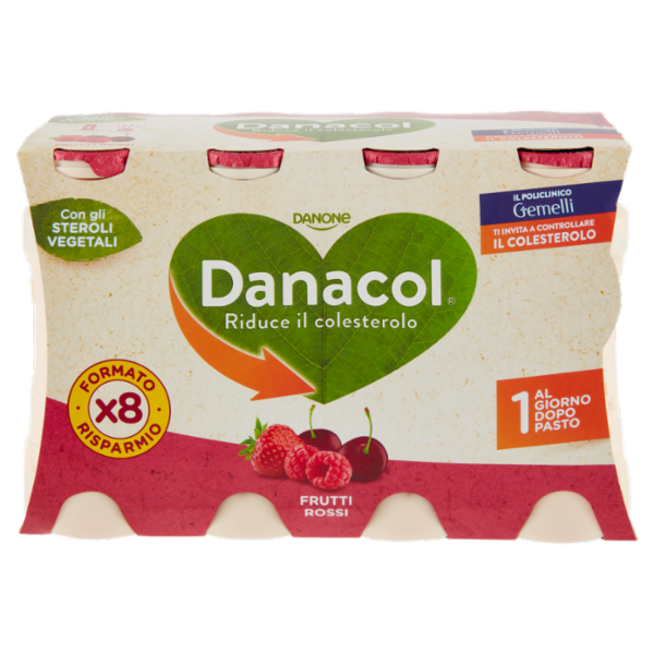 DANACOL Yogurt da bere, Riduce il Colesterolo grazie agli Steroli Vegetali, Frutti Rossi, 8x100g