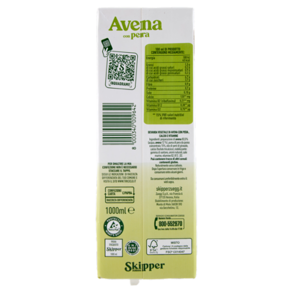 Zuegg Skipper bevanda vegetale di Avena con pera 1000 ml