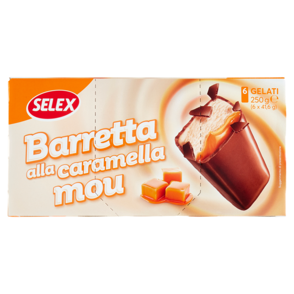 Selex 6 Barrette di Gelato alla Panna con Caramella Mou Ricoperti Cioccolato al Latte 250 g
