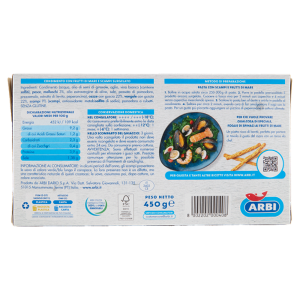 Arbi Sugo Scampi e Frutti di Mare Condimento Pronto Scampi, Cozze e Vongole 450 g