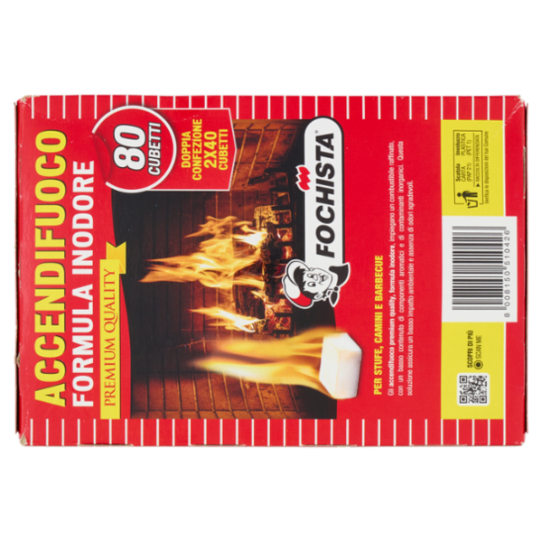 Fochista Accendifuoco Formula Inodore Premium Quality per Stufe, Camini e Barbecue Cubetti 2 x 40 pz