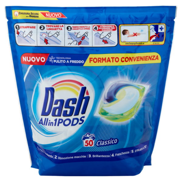 Dash PODS Allin1 Detersivo Lavatrice in Capsule per Bucato Classico 50 Lavaggi 1260 g