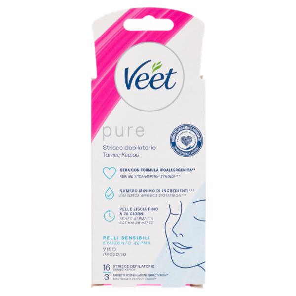 Veet Pure Strisce Depilatorie Viso, Ipoallergeniche, Confezione da 16 Strisce
