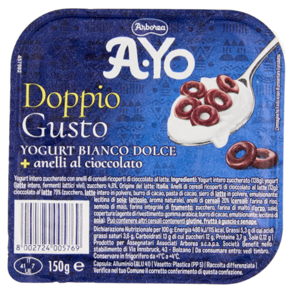 Arborea A-Yo Doppio Gusto Yogurt Bianco Dolce + anelli al cioccolato 150 g