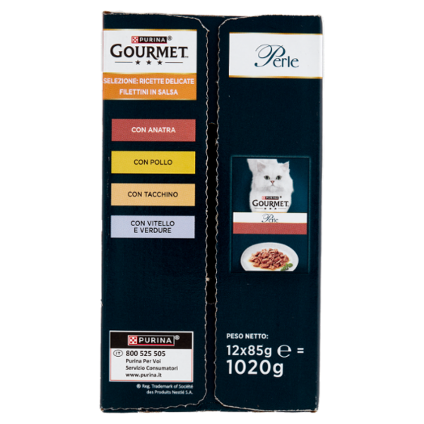 PURINA GOURMET Perle Ricette Delicate Filettini in Salsa Anatra, Pollo, Tacchino, Vitello 12x85g
