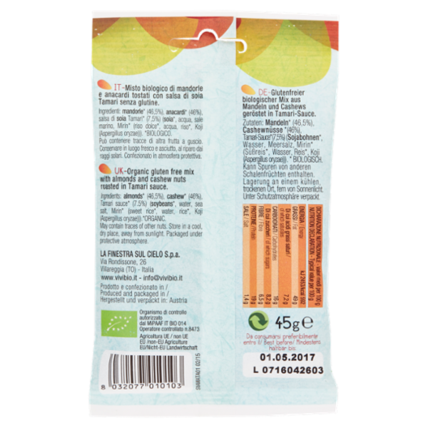 Vivibio Snack Mandorle e Anacardi con Salsa di Soia Tamari 45 g