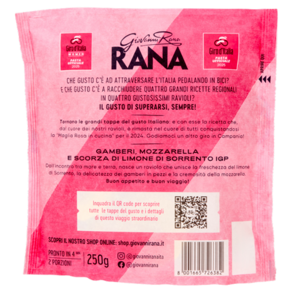 Giovanni Rana Giro d'Italia Ravioli con Gamberi, Mozzarella e Scorza di Limone di Sorrento IGP 250 g