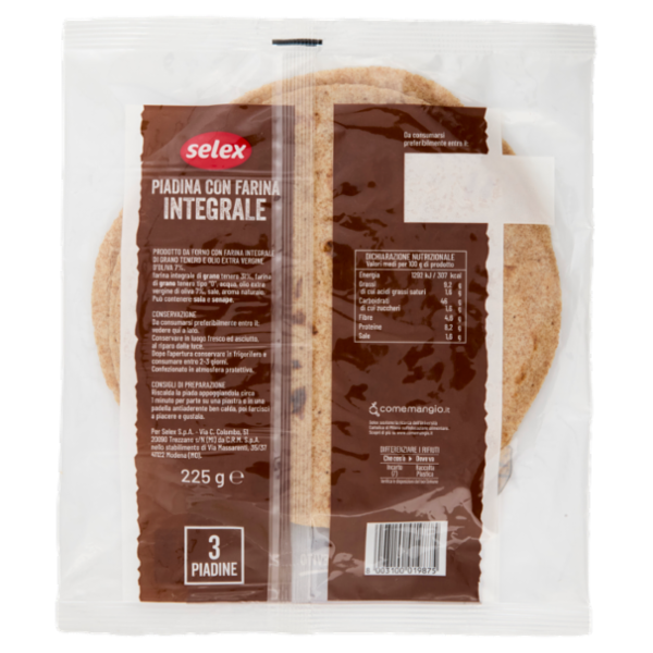 Selex Piadine con Farina Integrale 3x75 g