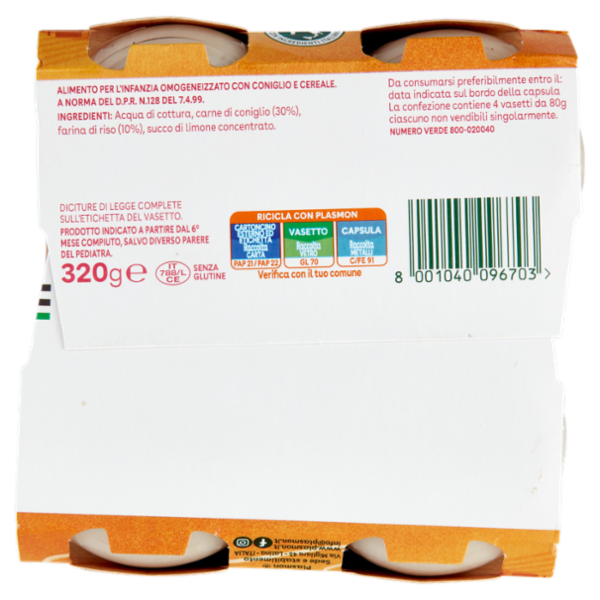 Plasmon Omogeneizzato Coniglio con cereale 4 x 80 g