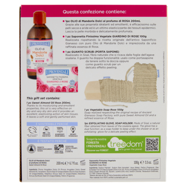 I Provenzali Giardino di Rose Olio di Mandorle Dolci 200 mL+Saponetta Vegetale 100 g+1 Guanto Scrub