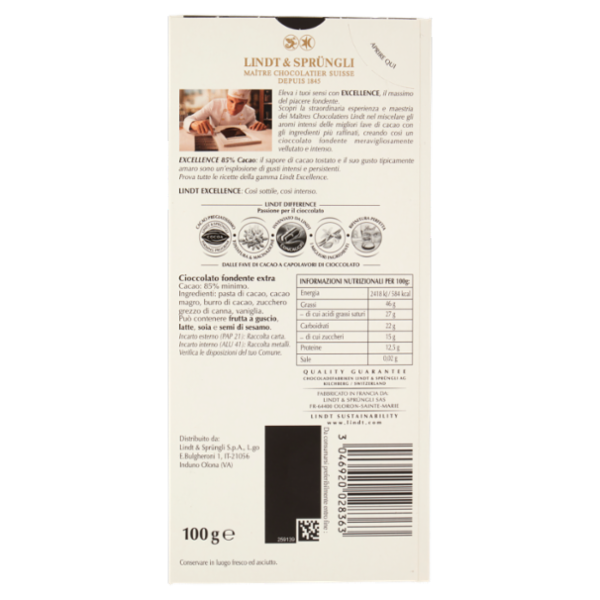 Lindt Excellence Tavoletta Cioccolato Fondente 85% 100 g