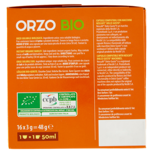 ristora Orzo Bio Capsule compatibili con Macchine Nescafè Dolce Gusto 16 x 3 g