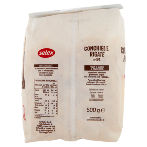 Selex Pasta di Semola Trafilata al Bronzo Conchiglie Rigate 500 g