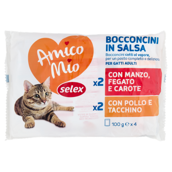 Selex Amico Mio Gatto Bocconcini in Salsa 2 Manzo, Fegato e Carote e 2 Pollo e Tacchino 4x100 g