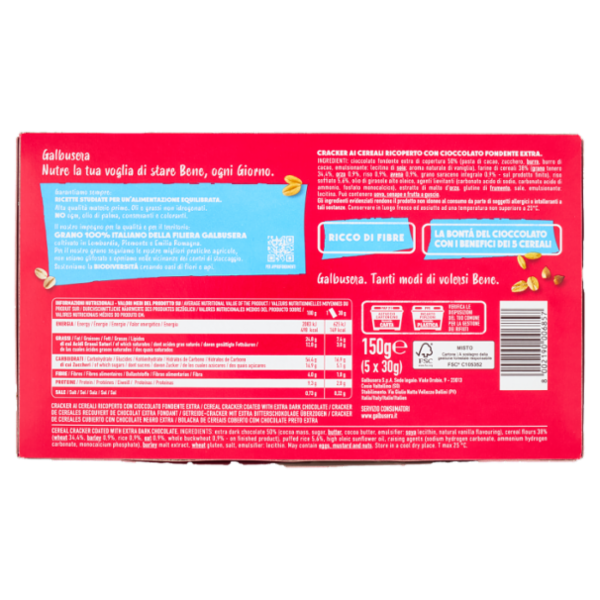 Galbusera Cracker Ricoperto con Riso Soffiato e Cioccolato Extra Fondente 5 x 30 g