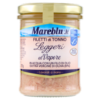 Mareblu Leggeri Al Vapore Filetti Di Tonno In Acqua Con Un Filo Di Olio Extra Vergine Di Oliva 180 g