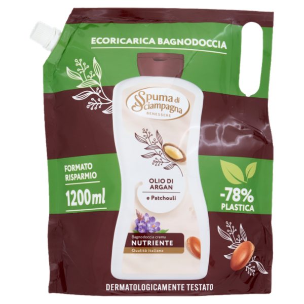 Spuma di Sciampagna Benessere Bagnodoccia crema Nutriente Olio di Argan e Patchouli Ecoric. 1200 ml