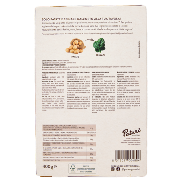 Patarò Gnocchi Pataorto Solo Patate e Spinaci 400 g