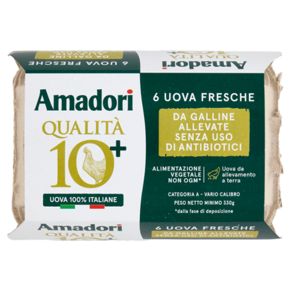 Amadori Qualità 10+ 6 Uova Fresche da Galline Allevate Senza Uso di Antibiotici 330 g