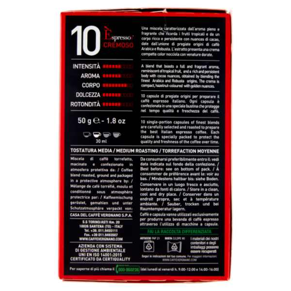 Caffè Vergnano 1882 Èspresso1882 Cremoso 10 Capsule Compatibili Nespresso* 50 g