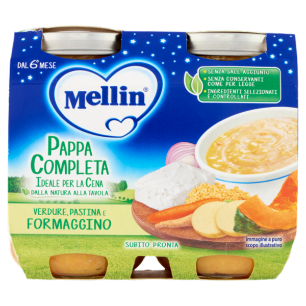 MELLIN Pappa Completa ideale per la Cena, Pastina Verdure Formaggino, dal 6° mese, 2x200g
