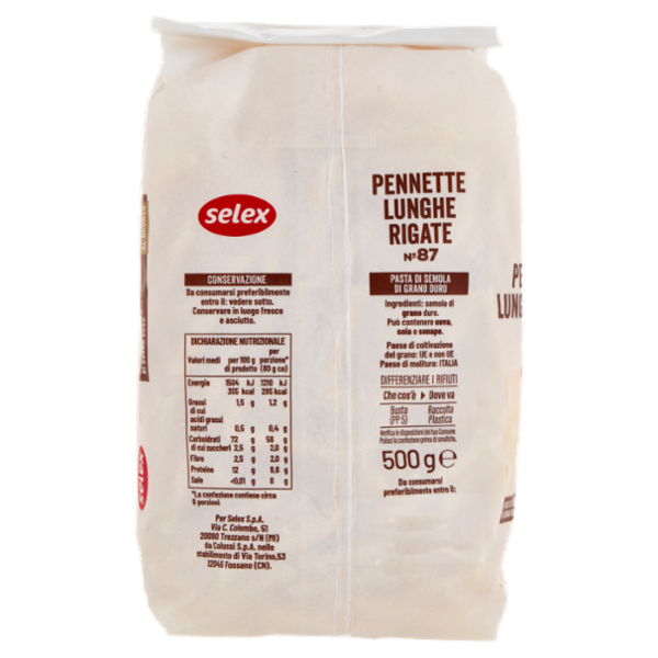 Selex Pasta di Semola Trafilata al Bronzo Pennette Lunghe Rigate 500 g