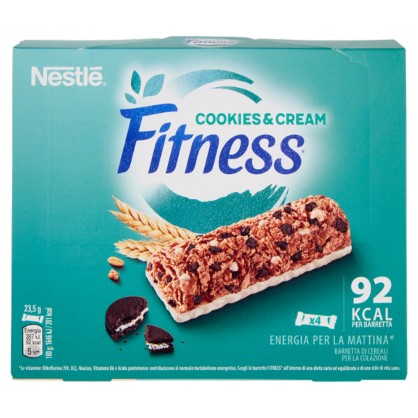 FITNESS Cookies&Cream Barrette Cereali Integrali con Biscotti e Cioccolato Bianco 4 pezzi da 23,5g