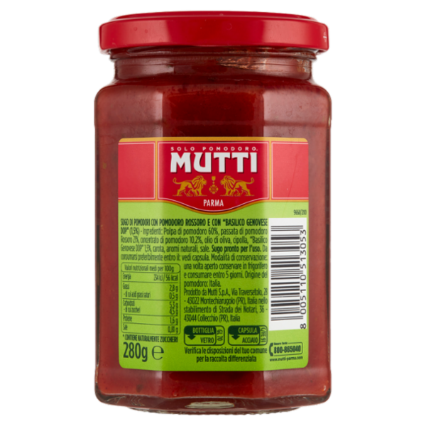 Mutti Sugo con Pomodoro Rossoro e con Basilico Genovese DOP 280 g