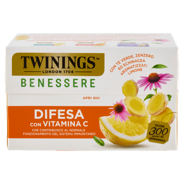 Twinings Benessere Difesa Tisana e Tè Verde, Zenzero aromatizzati Limone Vitamina C 18 filtri 36 g