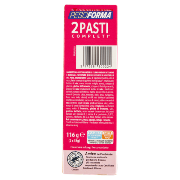 Pesoforma Barrette 2 Pasti, sostitutive del pasto, gusto Mandorla Lampone, 211 kcal a pasto, 2 x 58g