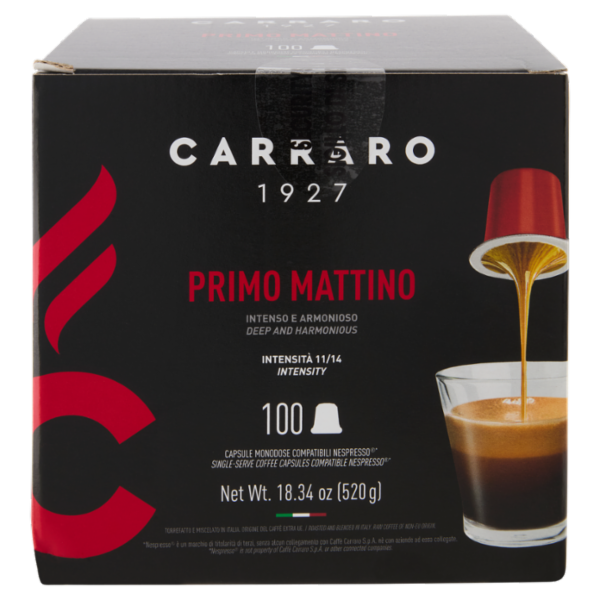 Carraro Primo Mattino Capsule Monodose Compatibili Nespresso* 100 x 5,2 g