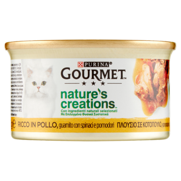 PURINA GOURMET Nature's Creations Ricco in Pollo guarnito con spinaci e pomodori 85g