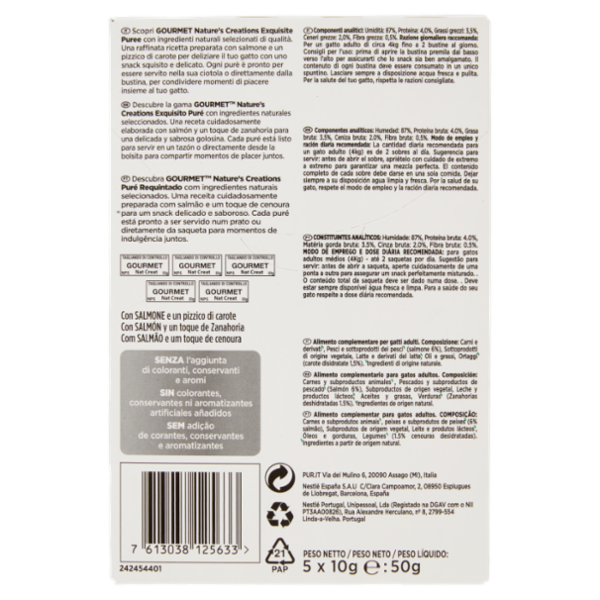 PURINA GOURMET Snack gatto Nature's Creations Exquisite Puree con Salmone e Carota Multipack 5x10g