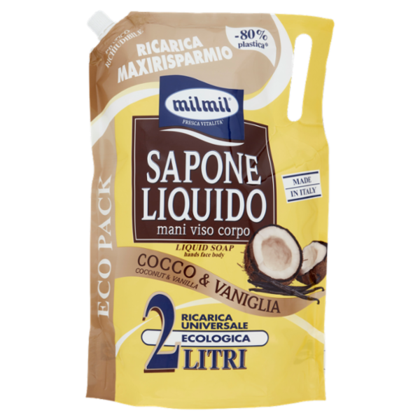 milmil Sapone Liquido Cocco & Vaniglia Ricarica Universale Ecologica 2 Litri