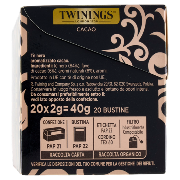 Twinings Cacao Tè Nero aromatizzato 20 filtri The 40 g