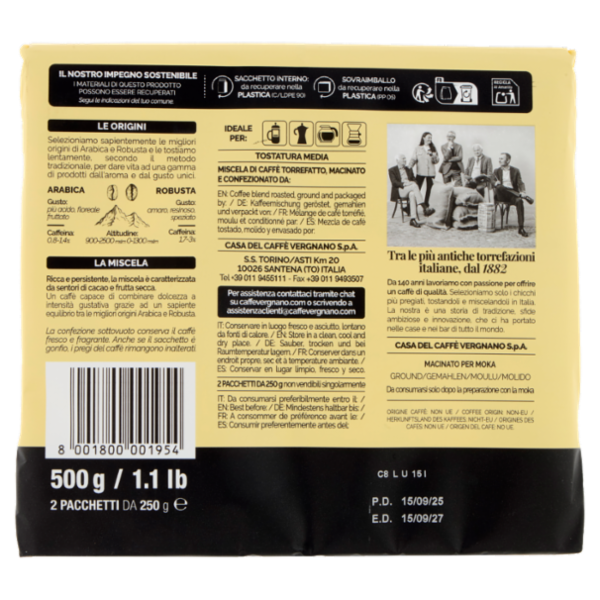 Caffè Vergnano 1882 Granaroma Miscela Classica Macinatura Moka 2 x 250 g