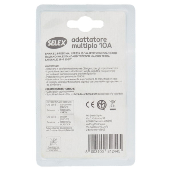 Selex Adattatore Pluristandard Spina 10A + 2 Prese 10A(Ita) + 1 Presa Tedesca Bianco