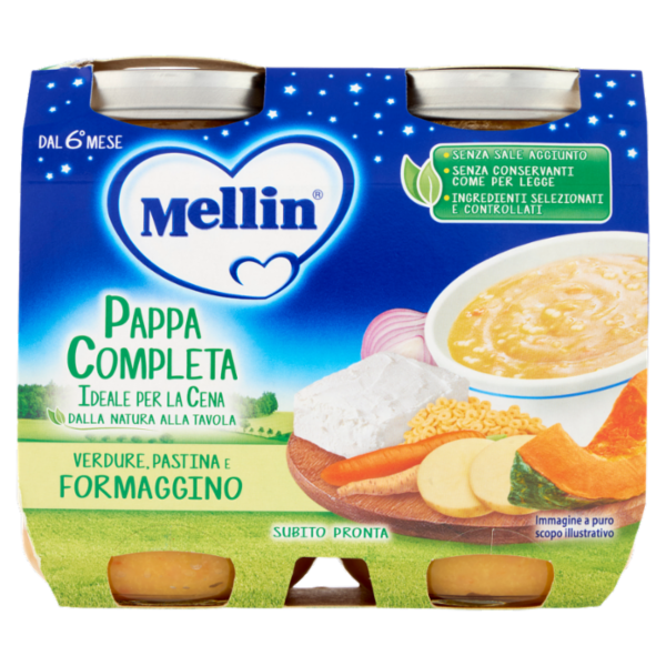 MELLIN Pappa Completa ideale per la Cena, Pastina Verdure Formaggino, dal 6° mese, 2x200g
