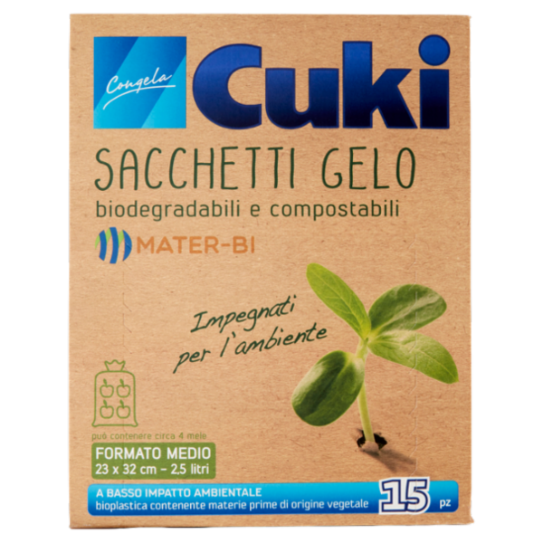 Cuki Congela Sacchetti Gelo biodegradabili e compostabili Formato Medio 23x32 cm - 2,5 litri 15 pz