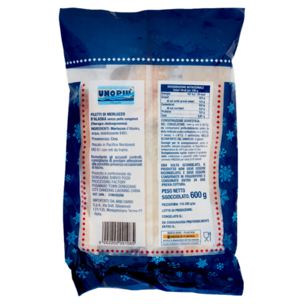 Unopiù Filetto di Merluzzo d'Alaska Senza Pelle Congelato 600 g