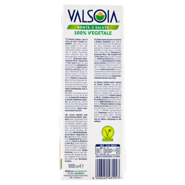Valsoia Bontà e Salute bevanda di Cocco Zero Zuccheri 1000 ml