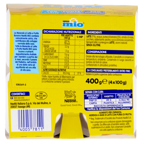 NESTLÉ MIO Merenda al Latte e Frutta Banana 4 vasetti da 100g