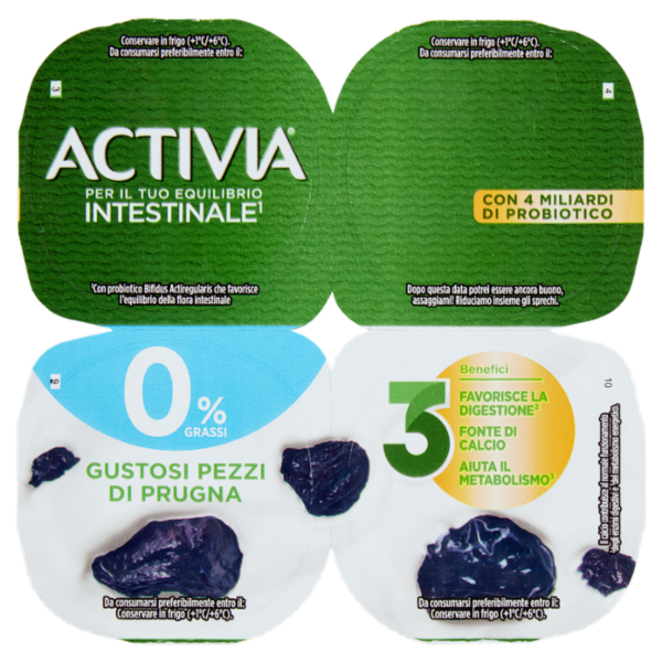 ACTIVIA Yogurt con Probiotico Bifidus, 0% Grassi, gusto Prugna, 4x125g