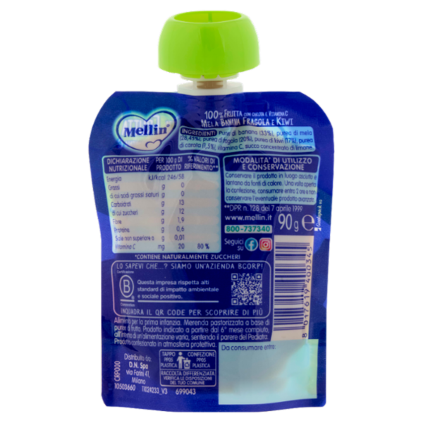 MELLIN Merenda di Frutta 100% con Carota e Vitamina C, Fragola e Kiwi, dal 6° mese, Pouch 90 g