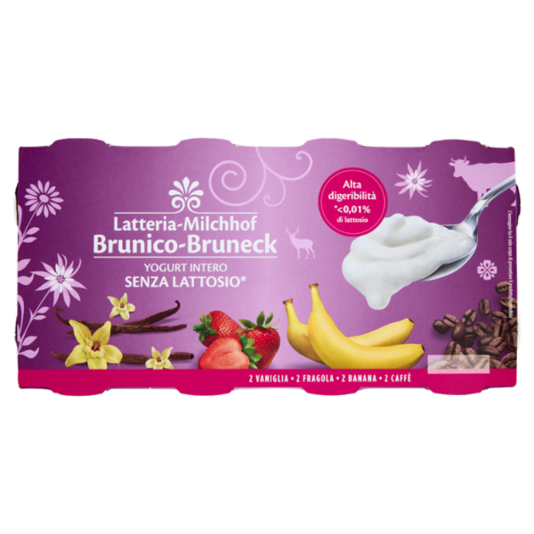 Latteria Brunico Yogurt Intero Senza Lattosio* 2 Vaniglia 2 Fragola 2 Banana 2 Caffè 8 x 125 g