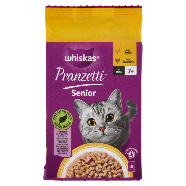Whiskas Pranzetti Senior Cibo Umido Gatto con Pollo e Tacchino in Salsa 6x50g